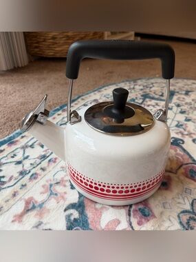 Chantal White and Red Dot Freida Pattern Whistling Tea Kettle with Black Handle